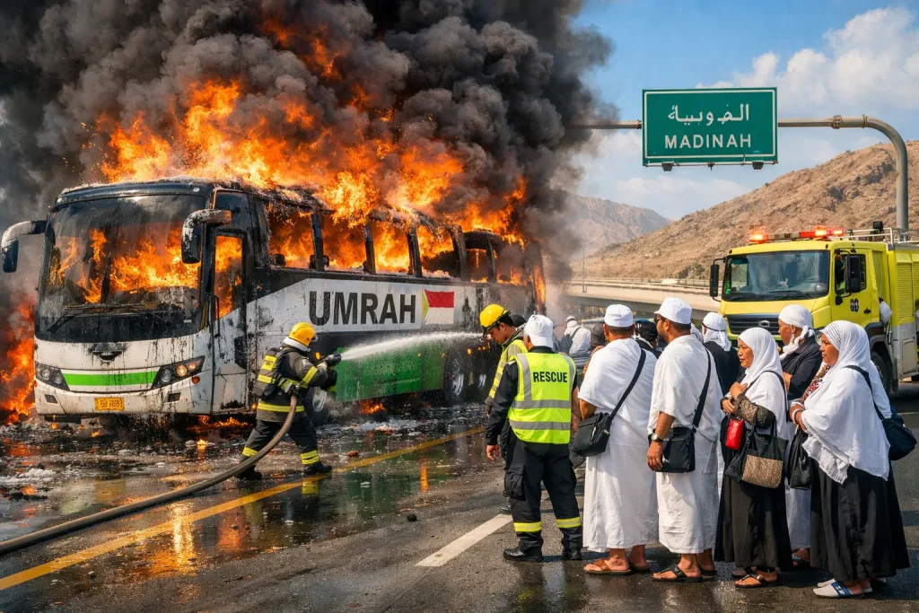 Bus Jemaah Umrah WNI Terbakar